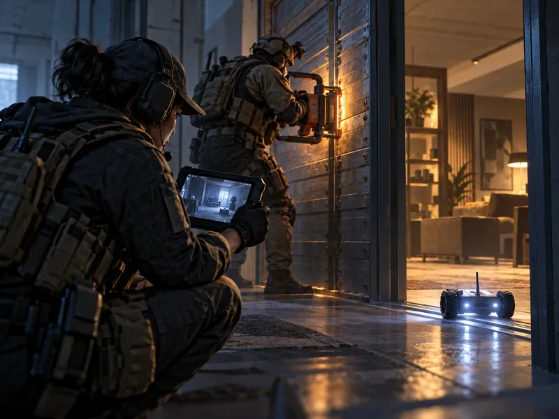 A drone operator checks a room while a teammate prepares to breach a reinforced wall.