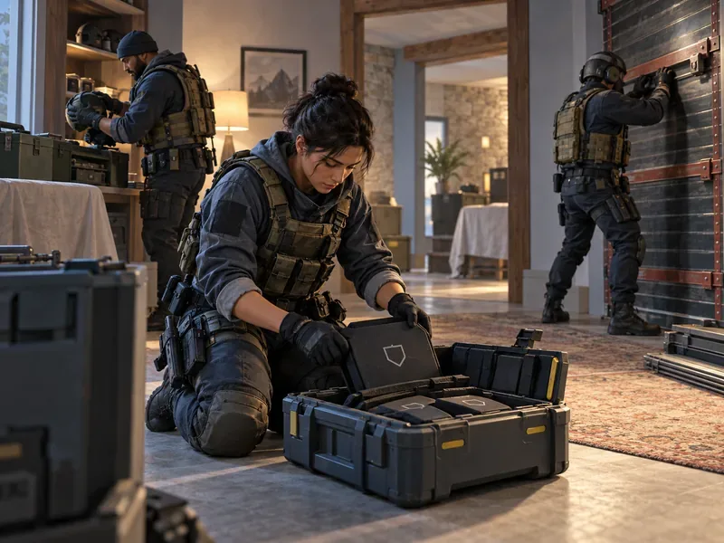 A new defender lays out team armor during preparation as teammates reinforce a wall.