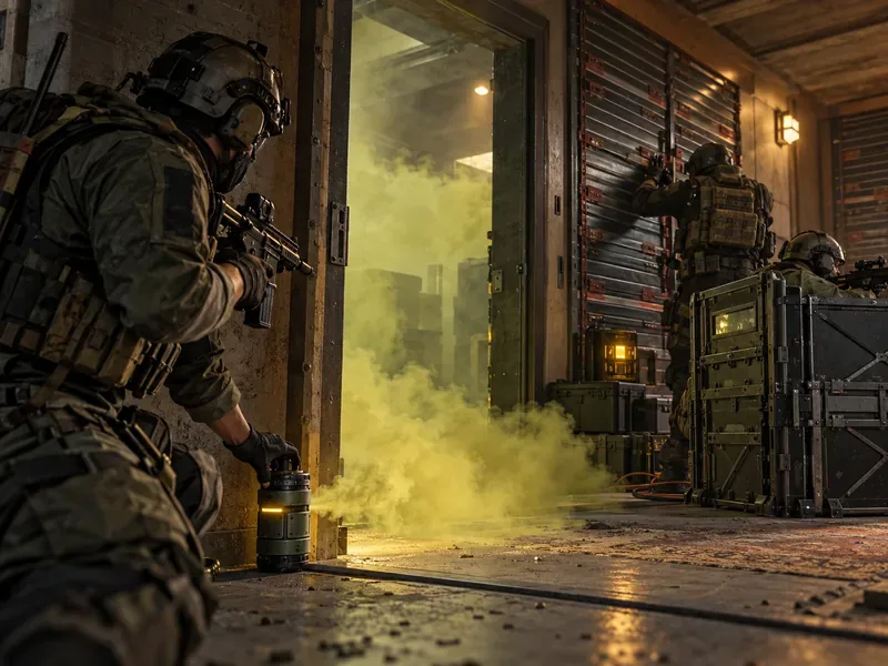 A defender places a gas canister at a doorway while teammates hold a fortified objective room.