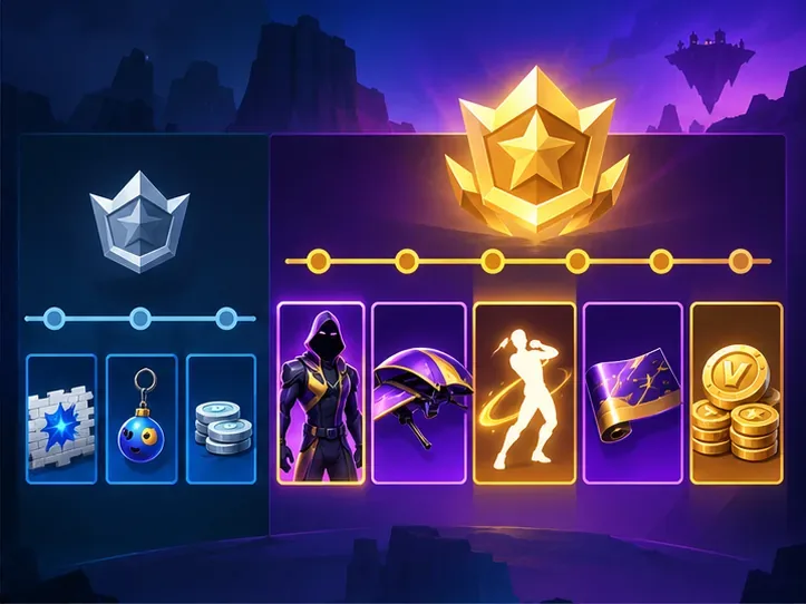 Um caminho de recompensas gratuito e compacto ao lado de um caminho de recompensas premium maior, com itens cosméticos e V-Bucks.