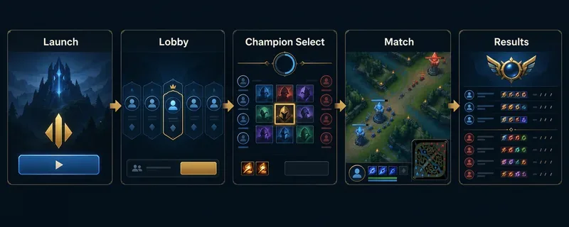 Conceptual five-stage League session flow from launch and lobby to Champion Select, match, and results