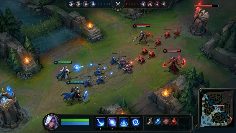 Conceptual top-down multiplayer battle with a game HUD, champion health bars, ability icons, item slots, and minimap