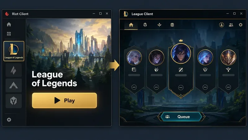 Conceptual side-by-side illustration of Riot Client launching League of Legends and a separate League lobby window