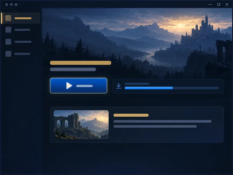 Página conceitual escura para iniciar um jogo, com botão "Jogar", barra de progresso de atualização e cartão de notícias.