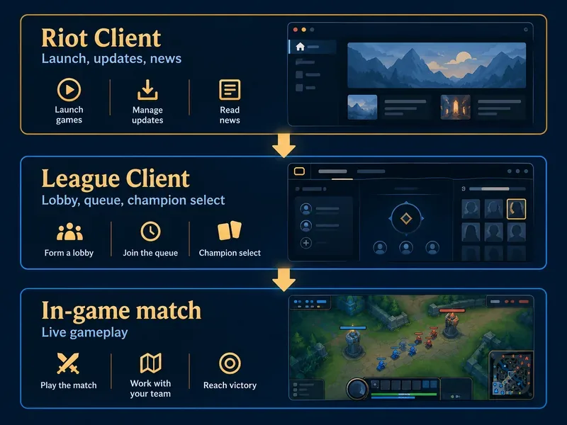 Diagrama de três etapas que separa o lançamento e as atualizações do Cliente Riot, o lobby do League e a seleção de campeões, e a partida ao vivo.