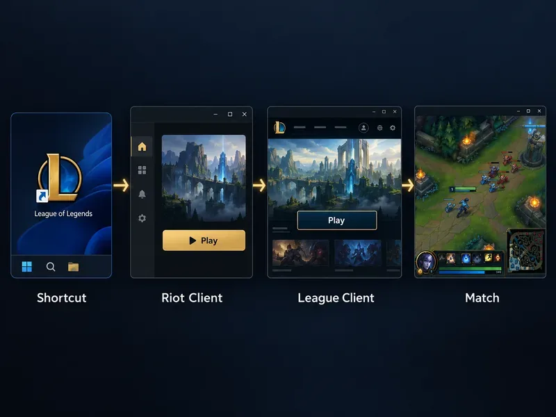 Fluxograma conceitual desde um atalho do League na área de trabalho, passando pelo Riot Client e pelo cliente do League, até uma partida ao vivo.