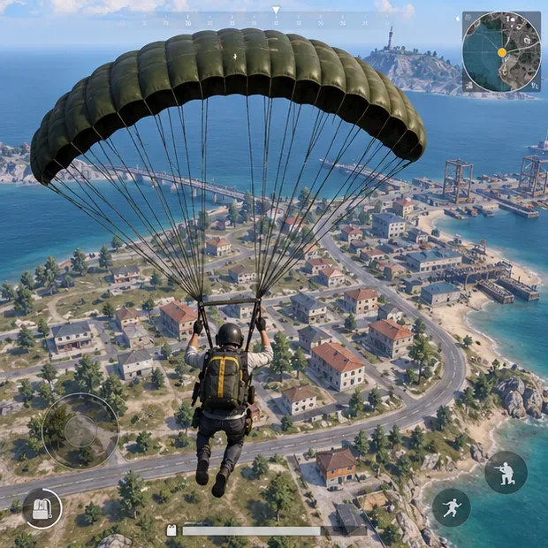 Um personagem no estilo PUBG Mobile salta de paraquedas em direção a uma cidade costeira durante a queda inicial.