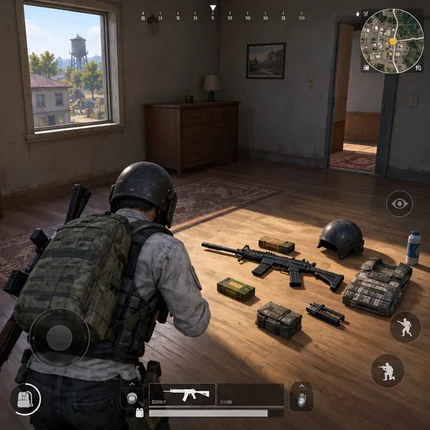 Um jogador compara armas, munições, armaduras e suprimentos espalhados por uma sala.
