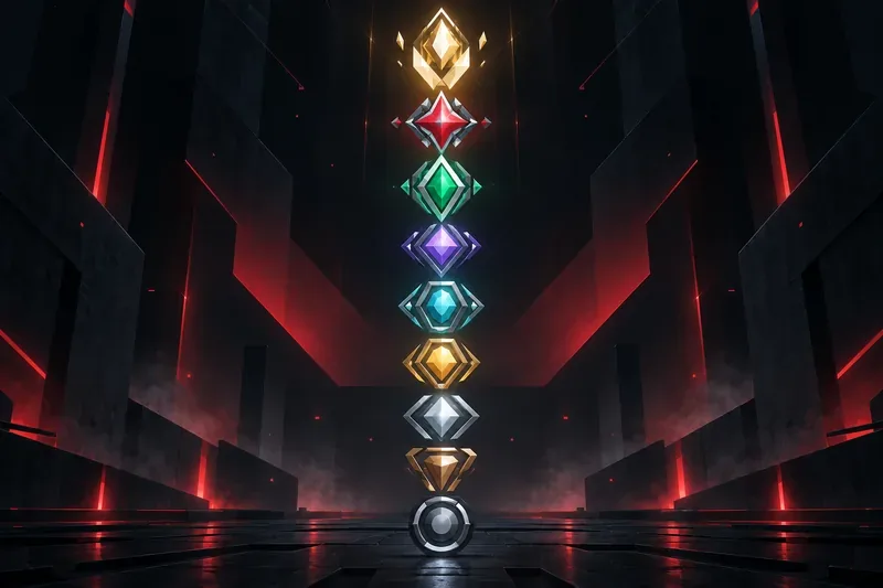 Nine colored rank emblems arranged vertically from the Iron level at the bottom to Radiant at the top