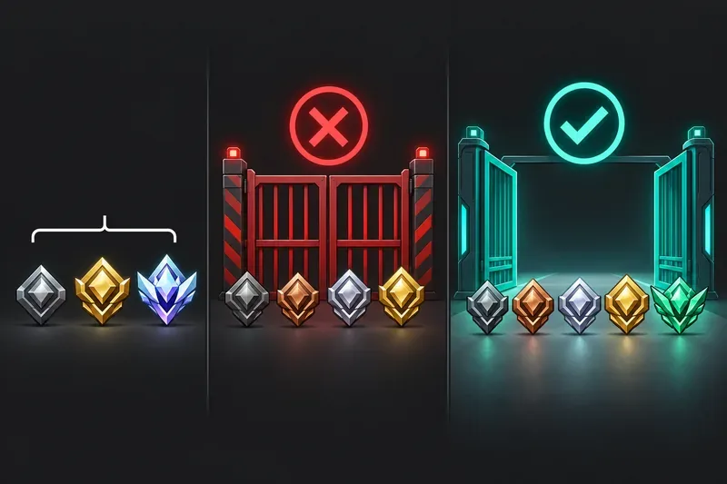 Three rank emblems under an open bracket, four emblems behind a red blocked gate, and five mixed-rank emblems beside an open teal gate