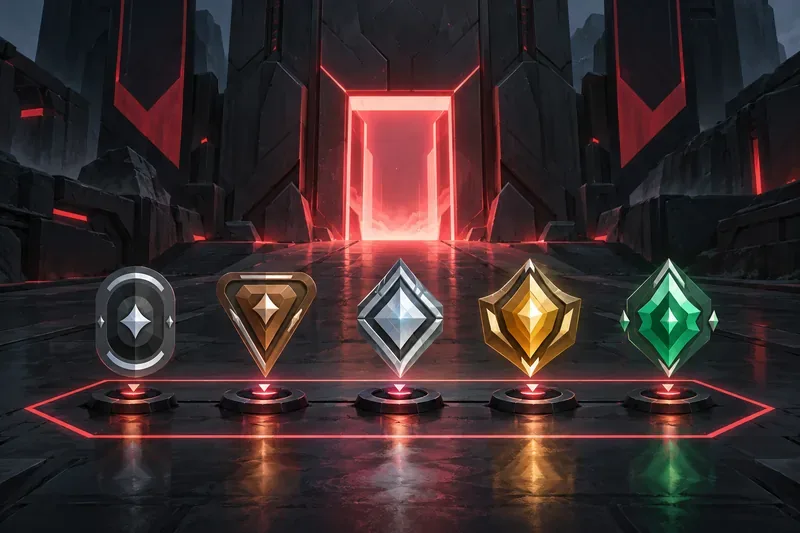 Five differently colored rank emblems aligned inside one squad frame, representing a mixed-rank five-stack