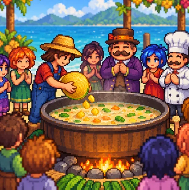 A farmer places a melon into the Luau’s communal pot while the Governor and villagers watch.