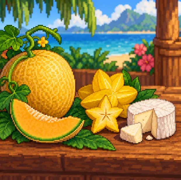A melon, starfruit, and goat cheese sit on a wooden table as possible high-value Luau soup ingredients.