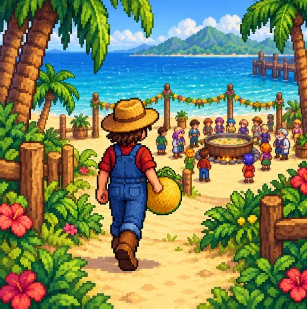 A farmer carries a melon toward the decorated beach festival and its communal soup pot.