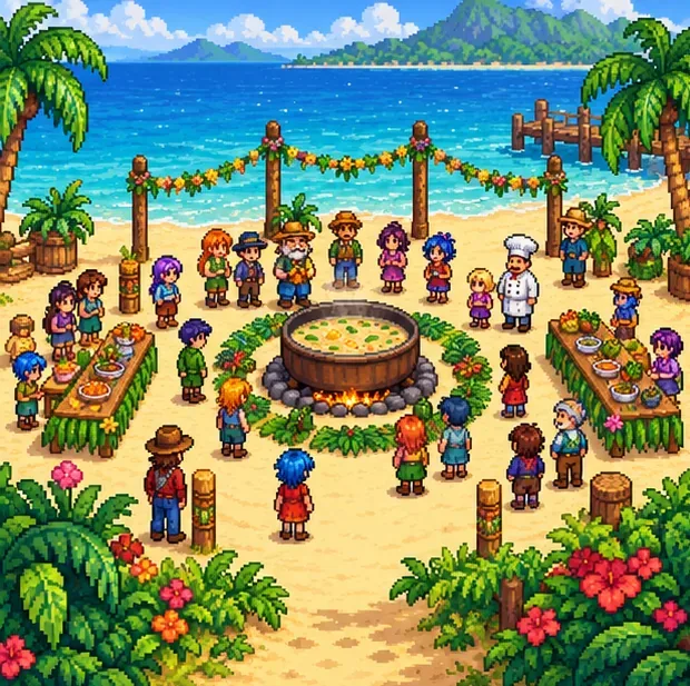 Pelican Town villagers gather around the communal soup pot at a beachside Luau.