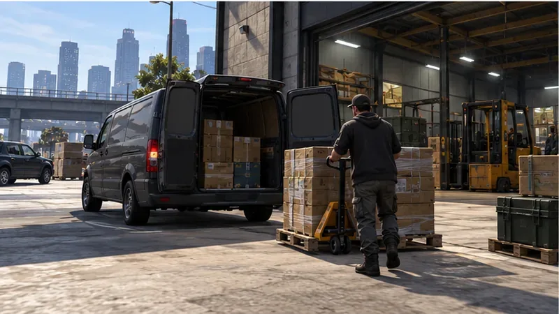Um funcionário de armazém carrega caixas de mercadorias em uma van de entrega em um cais de carga da cidade.
