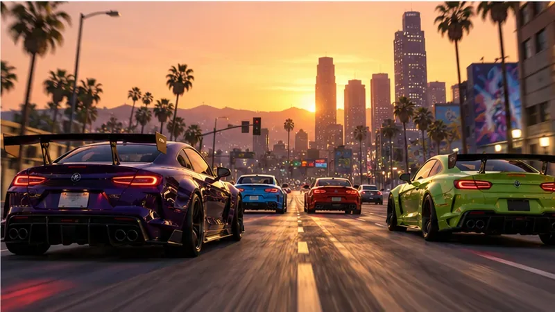 Carros esportivos tunados se alinham para uma corrida de rua ao pôr do sol em Los Santos.