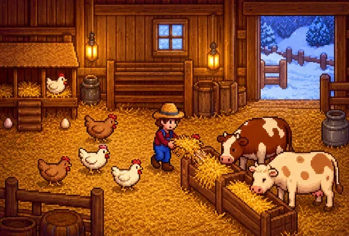 Farmer placing hay in feeding troughs beside chickens and cows inside a warm wooden barn