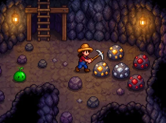 Farmer swinging a pickaxe beside ore-bearing rocks inside a lantern-lit mine