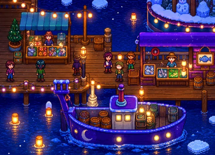Festive winter harbor with glowing market stalls, villagers, and a boat beneath string lights