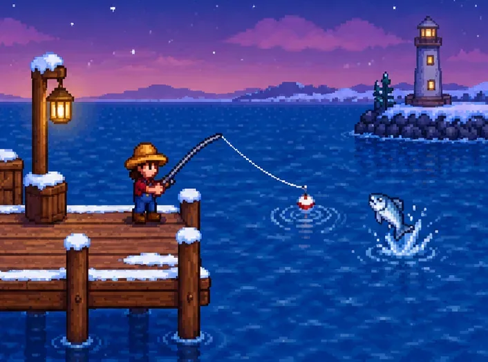 Farmer fishing from a snow-covered ocean pier at dusk beside a distant lighthouse