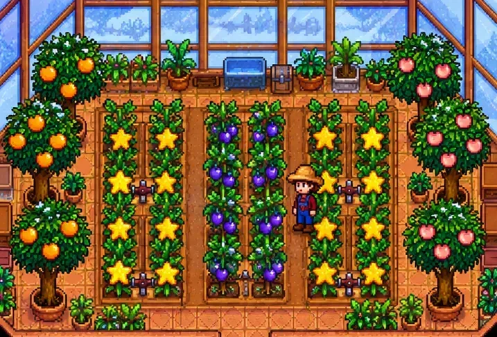 Glass-roofed greenhouse with colorful crop rows, sprinklers, and mature fruit trees