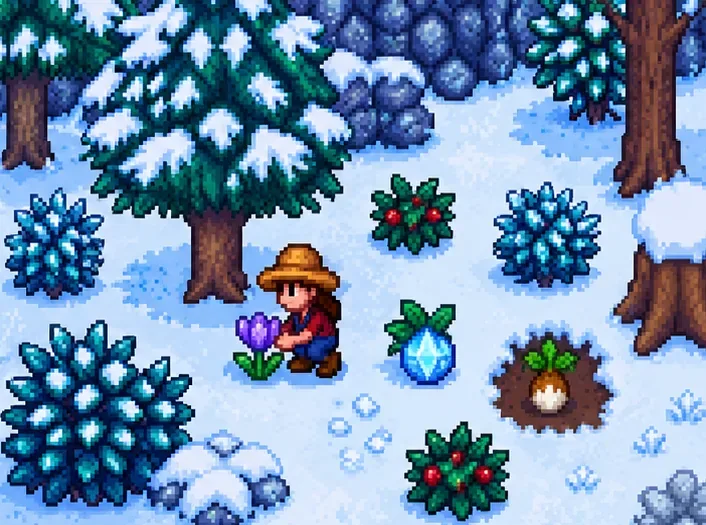 Farmer gathering a purple winter flower amid icy shrubs, a blue fruit, holly, and a buried root