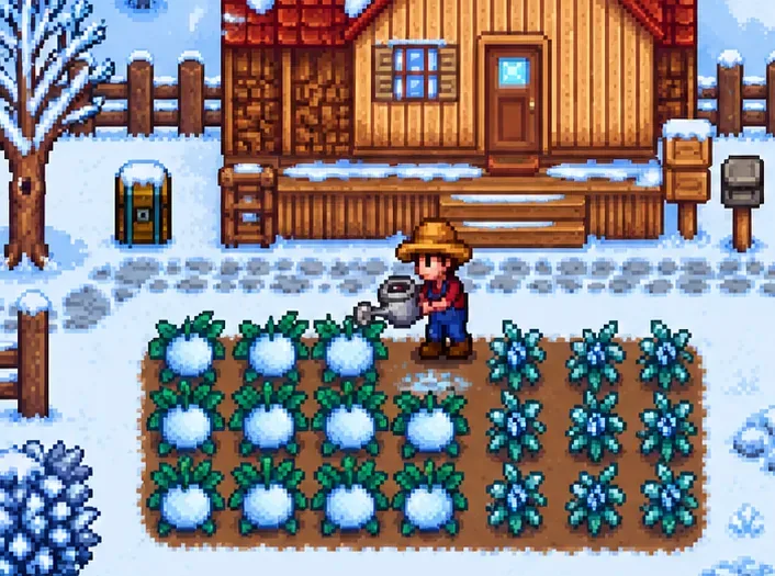 Snowy farm plot with pale blue winter melons and a farmer using a watering can
