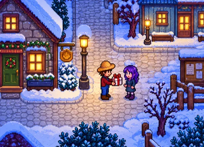 Farmer offering a wrapped gift to a villager in a snowy, lantern-lit town square