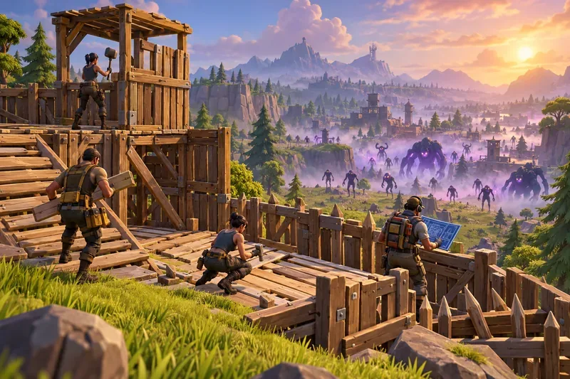 Uma equipe de personagens de videogame constrói defesas de madeira em uma colina enquanto criaturas sombrias se aproximam por um vale enevoado.
