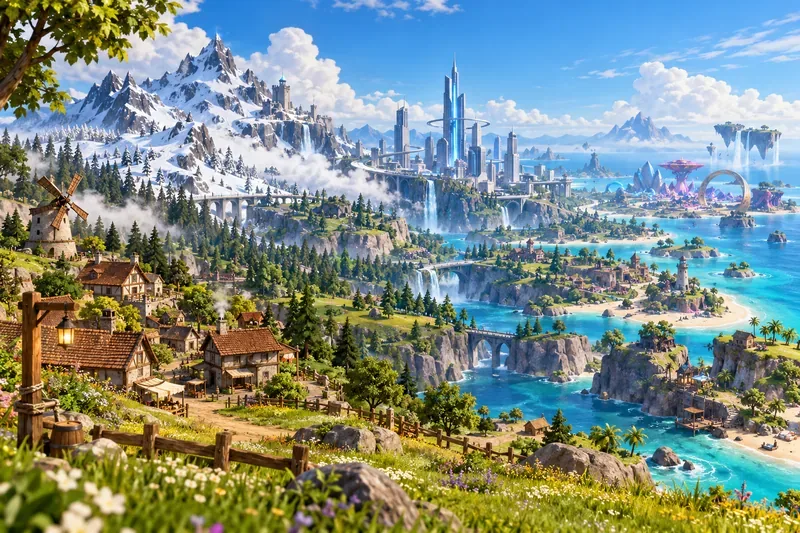 Um panorama colorido de uma ilha de videogame combina uma vila rústica, montanhas nevadas, uma cidade futurista e um litoral tropical.