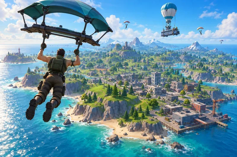 Um personagem do jogo desliza em direção a uma ilha iluminada com construções costeiras, enquanto uma aeronave em forma de ônibus flutua acima da paisagem.