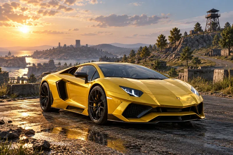 Yellow angular supercar parked on a rugged battle royale island road at sunset