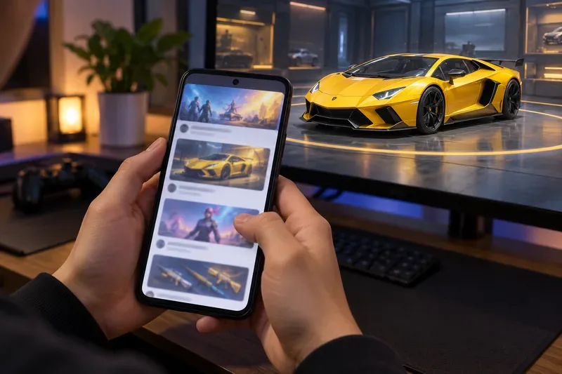 Player checking a generic game news feed on a smartphone beside a virtual supercar garage