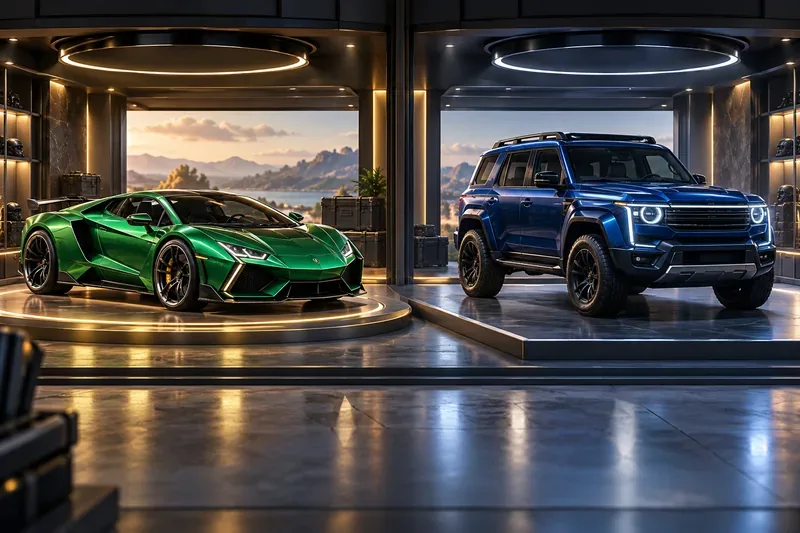 Green sports car and blue SUV displayed in separate virtual garage bays