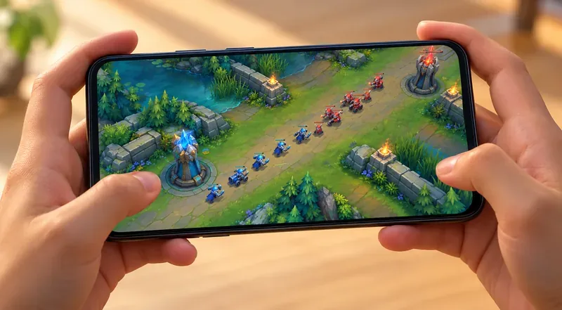 As mãos seguram um smartphone na horizontal enquanto a tela exibe um campo de batalha MOBA genérico com visão de cima para baixo, sem texto na interface.
