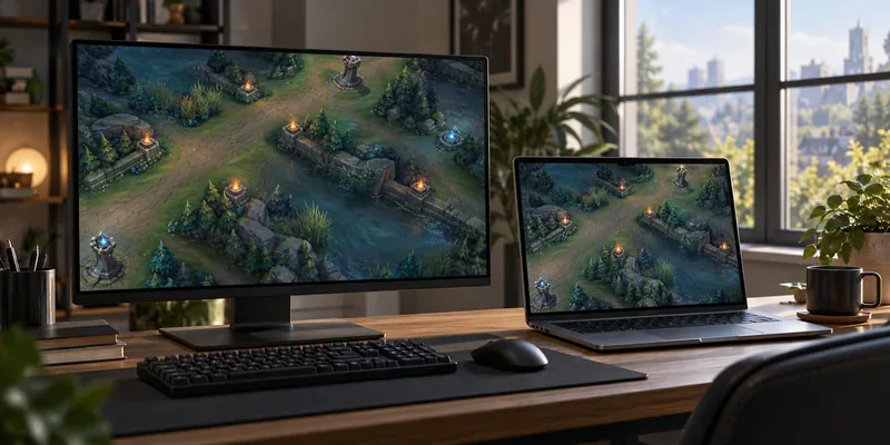 Um monitor de computador e um laptop aberto sobre uma mesa, cada um exibindo um mapa MOBA genérico com visão de cima para baixo.