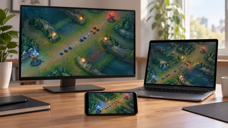 Um monitor de computador, um laptop e um smartphone exibem cenas genéricas de MOBA com visão de cima para baixo, representando opções de jogo para PC e dispositivos móveis.
