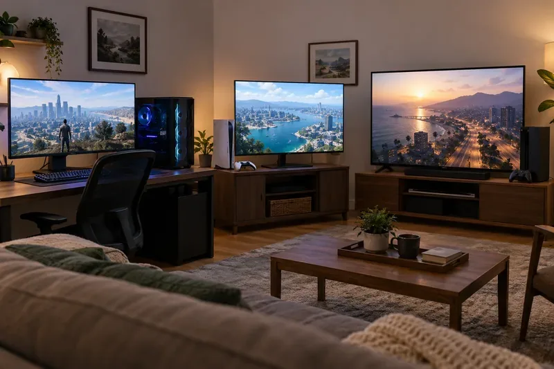 Três estações de jogos em uma sala: um computador desktop com Windows e duas configurações de consoles de televisão.