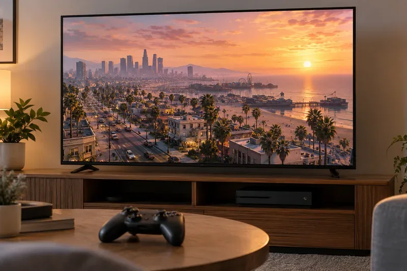 Console e controle na sala de estar em frente a uma televisão que exibe uma cidade costeira com palmeiras ao pôr do sol.