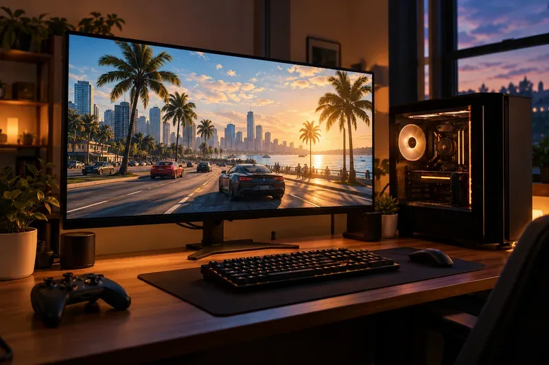 Área de trabalho para jogos com Windows e monitor widescreen exibindo uma cena de jogo de uma cidade costeira com palmeiras.