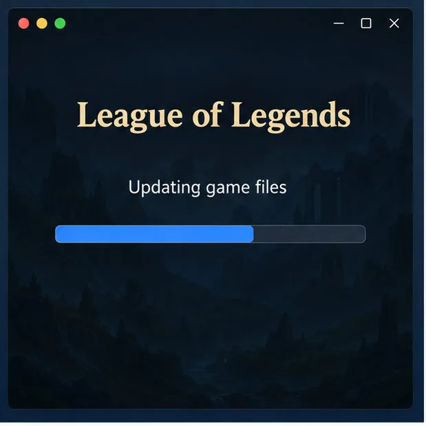 Ilustração da atualização dos arquivos do jogo League of Legends no cliente, com uma barra de progresso.