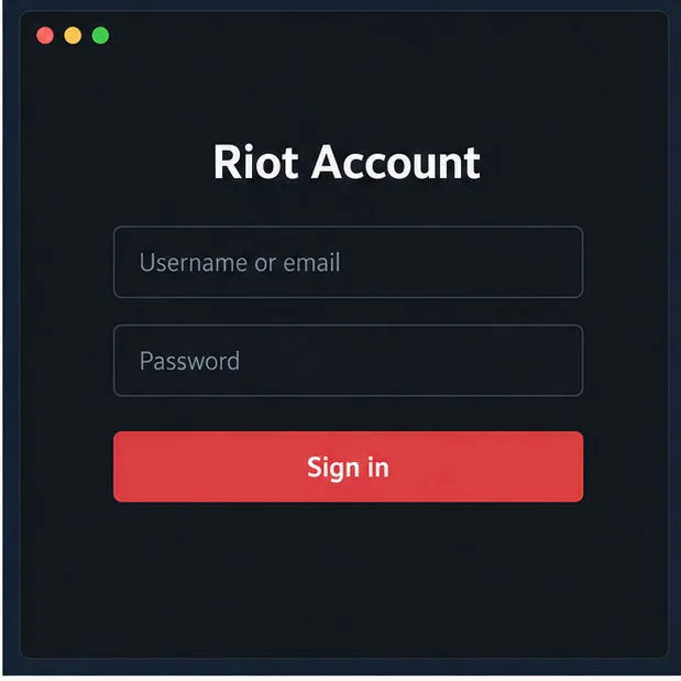 Ilustração da tela de login de uma conta Riot com os campos de nome de usuário e senha em branco.
