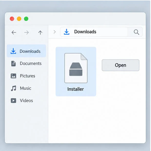Ilustração de uma janela de downloads com um arquivo de instalação selecionado e um botão Abrir.