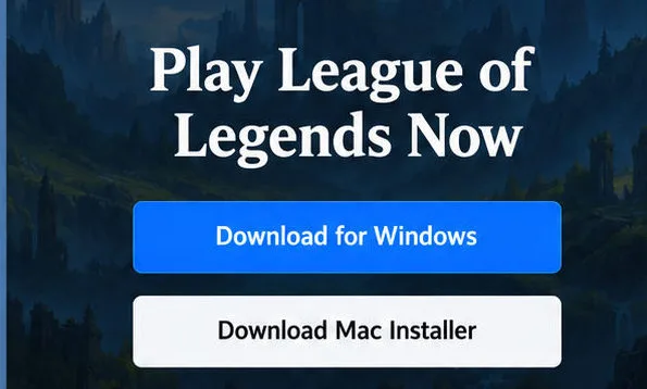 Ilustração da página de download do League of Legends da Riot com botões de instalação para Windows e Mac.