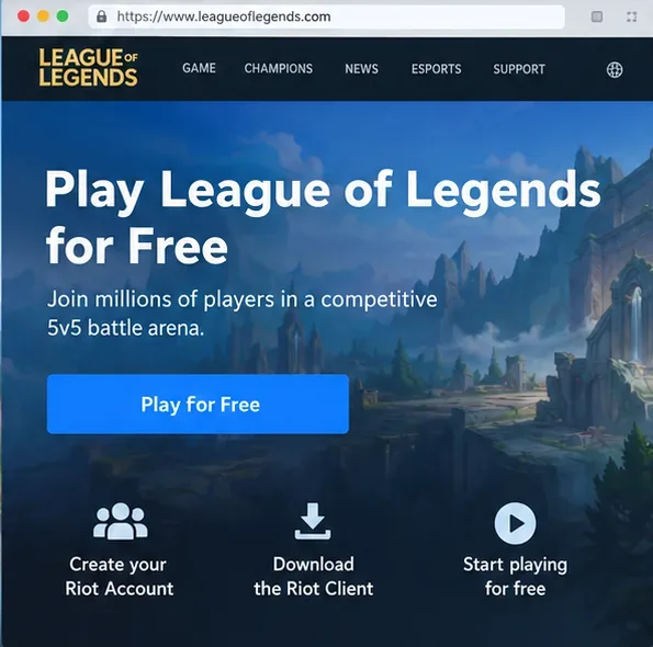 Página "Jogue League of Legends de Graça" com as opções de cadastro e download do cliente.