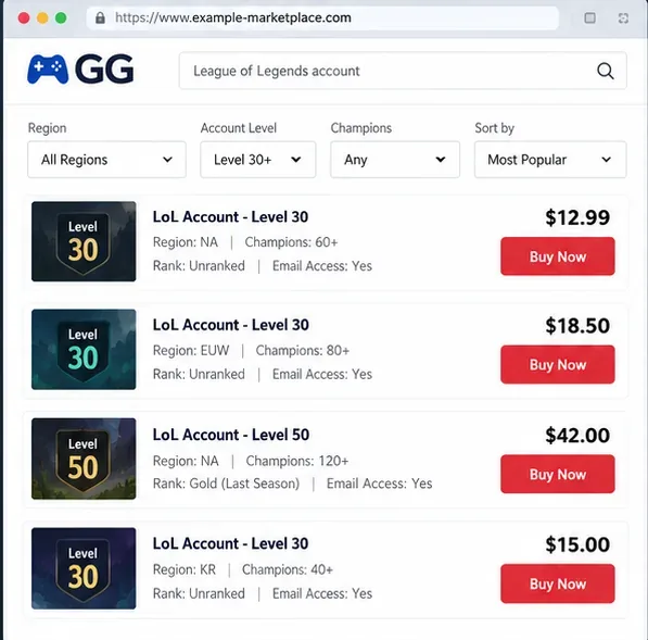Exemplo de página de mercado de contas de jogos com filtros regionais, anúncios de nível 30 e vários preços diferentes.