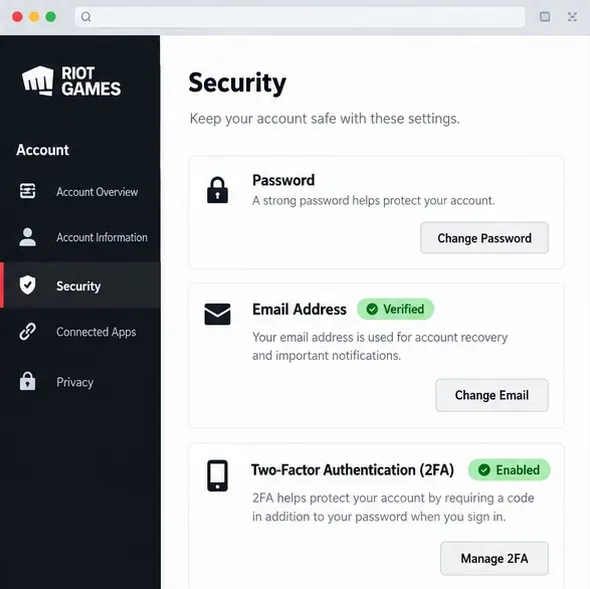 Visualização das configurações de segurança da conta, incluindo alteração de senha, e-mail verificado e autenticação de dois fatores.