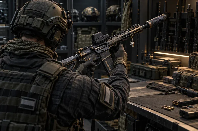 An armored operator in an equipment room holds a patterned rifle with a small dangling charm.