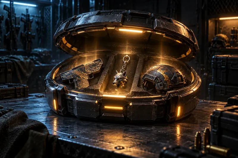 An open metal reward capsule contains a patterned firearm, a weapon charm, and a helmet cosmetic.